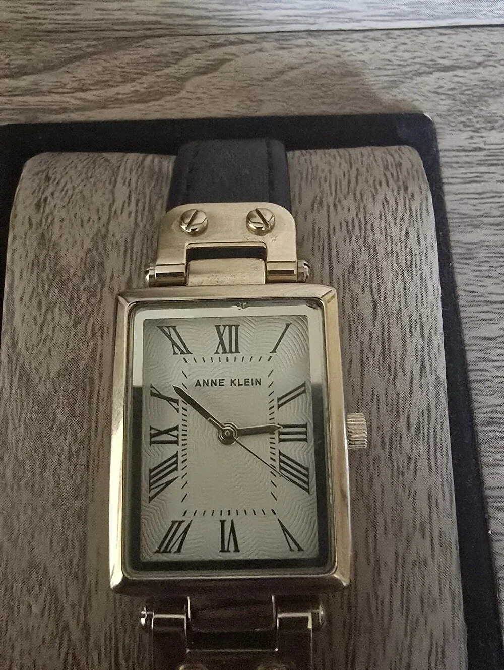 Anne Klein Gold-Tone Rectangle Watch with Black Strap
